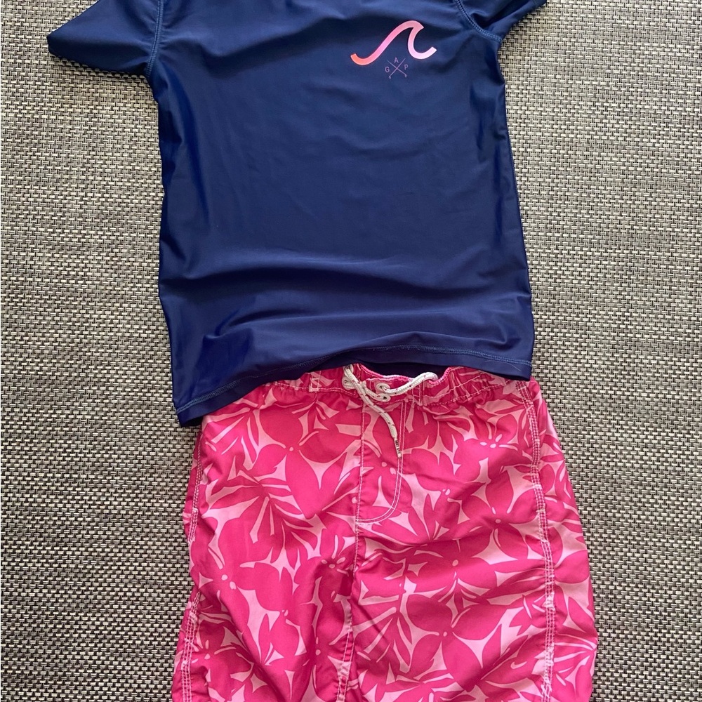 GAP Size Med (8) Boy’s Swim Set (SPF Swim Shirt & Trunk) - Navy and Pink